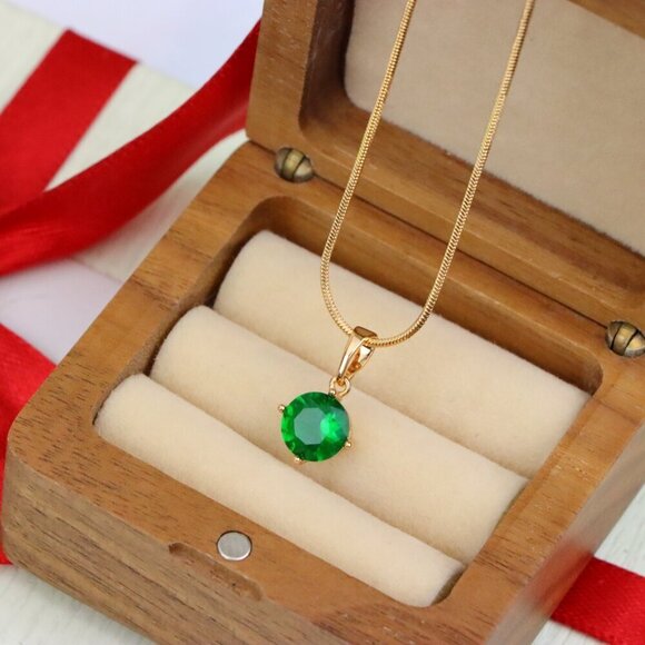 "Round Green Stone Pendant in Rose Gold Finish, XPPT1560 - Picture 3 of 14
